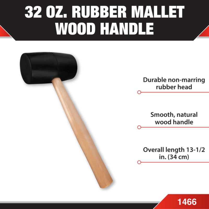 Performance Tool 1466 Durable Hard Rubber Head Mallet with Ergonomic Wood Handle for Woodworking, Construction and DIY Projects - Image 2